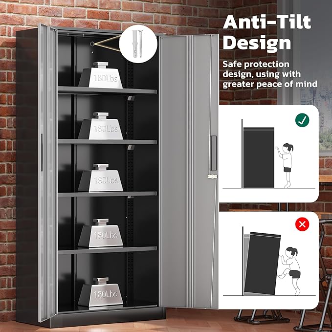 Greenvelly Metal Lockable Storage Cabinet, 72” Storage Cabinet with 2 Doors and 4 Adjustable Shelves for Office, Home, Garage, Pantry (Assembly Required, Black Grey)