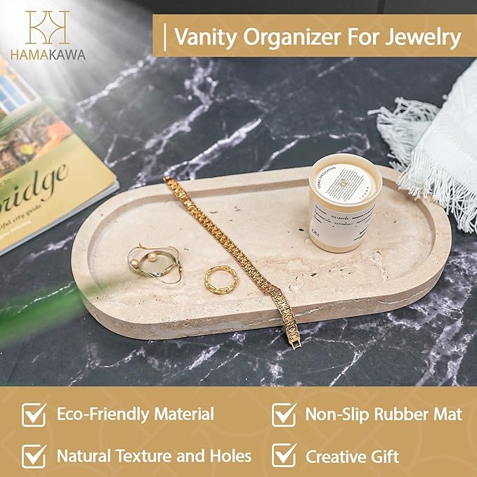 HAMAKAWA Bathroom Vanity Tray, Natural Marble Oval Sink Tray 10 inch, Beige Travertine Vanity Tray for Soap Dispenser Modern Countertop Organizer for Kitchen Countertops, Home Decor