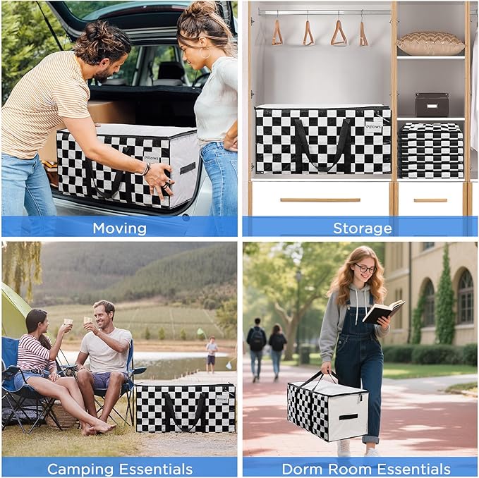 Extra Large Moving Bags Heavy Duty Storage Bags with Zipper Handles, BETU 4 Pack Clothes Storage Totes Bins Packing Moving Boxes, Moving Supplies for College Dorm Essentials, Space Saving,White Plaid