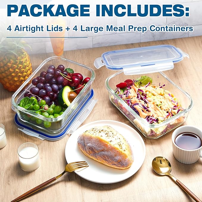 4 Set 8 Cup Large Glass Storage Containers Airtight 63 oz Food Bento Boxes Sets with Lids Kitchen Storage Containers Glass Cookie