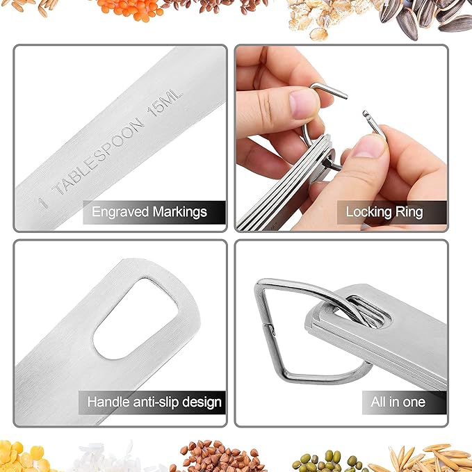 Smithcraft Measuring Cups and Spoons Set, Stainless Steel Measuring Cups, 18/8(304) Material Heavy Duty 7 Measuring cups and 8 Measuring Spoons 1 Leveler and 2 rings