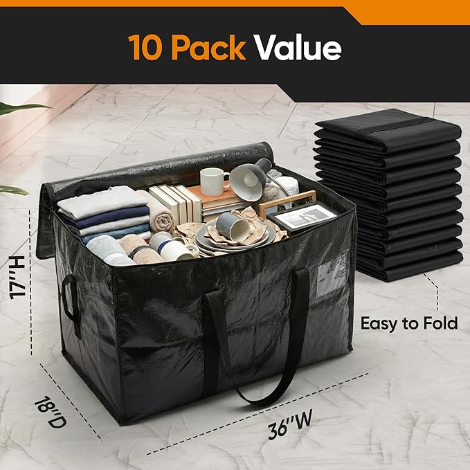 HOLDN’ STORAGE Extra Large Moving Storage Bag with Zipper Lid, Heavy Duty Reusable Tote for Clothes, Bedding, Books, Dorm & Home, Pack of 10 (Extra Large)