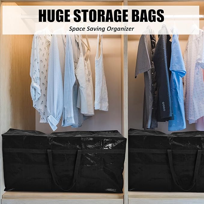 Windyun 4 Pack 69 Gallon Extra Large Moving Bags XXL Heavy Duty Storage Bag with Strong Zipper Handle Jumbo Big Tote Box Foldable for College Dorm Travel Clothes Duffle Blanket Pillow(Black)