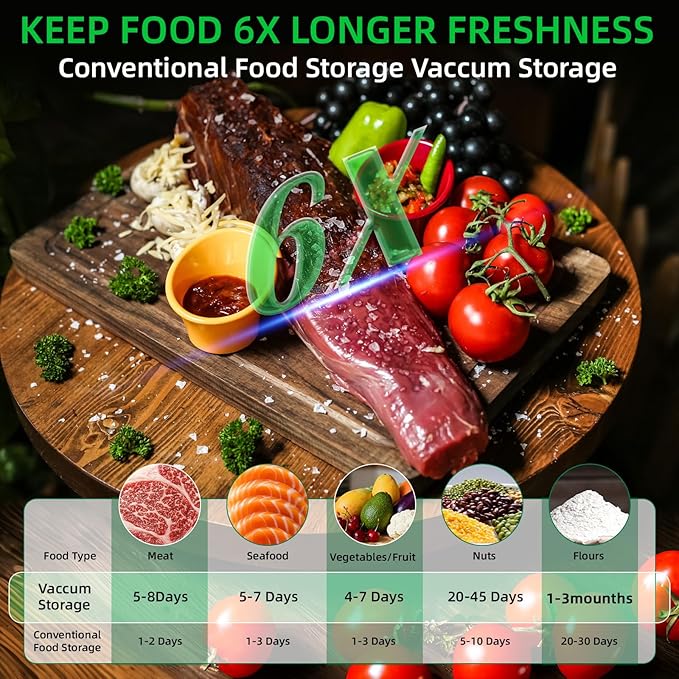 Compact Vacuum Sealer for Food with Reusable Bags, Ultra-long 100-minutes Vacuuming Time, 6X Freshness Keep for Home Kitchen RV Travel Seal Meal