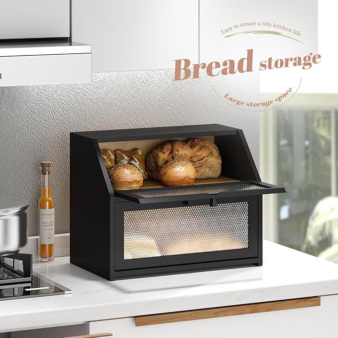 STDDRE Bread Box for Kitchen Countertop Bin Double Layer Bread Box Storage Container Extra Large Capacity Farmhouse with Diamond Pattern Windows (Black, Large)