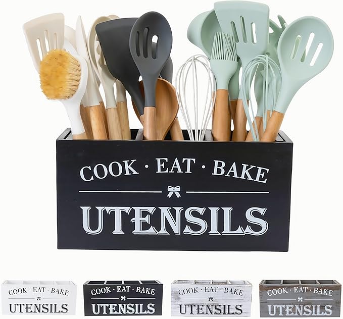 LIBODOUR Utensil Holder,Large Wooden Utensil Holder For Kitchen Counter,Cooking Spatula Organizer,Big Storage Caddy With 3 Compartments Flatware Spoon Tool Cutlery（Black）