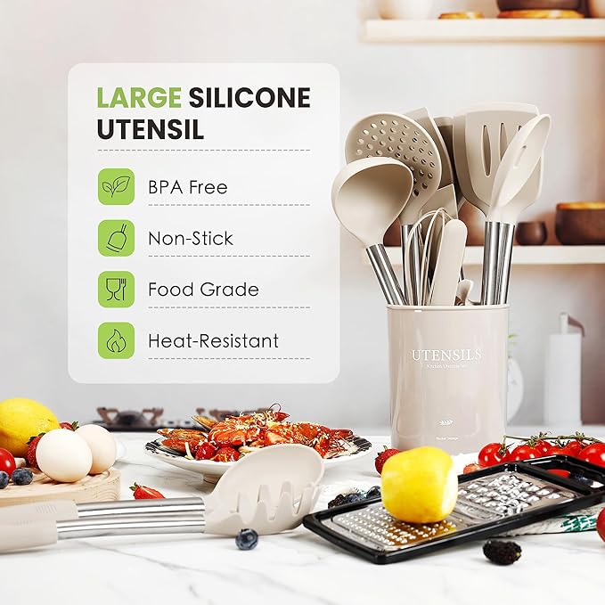 Large Cooking Utensils Set, 35 Pcs Silicone Kitchen Utensils Set with Holder, Stainless Steel Handle Spatula Set, Heat Resistant Food Grade Silicone Kitchen Gadgets for Non-stick Cookware (Khaki)