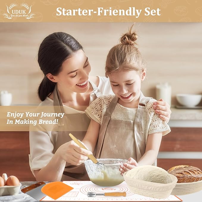 UDUK Sourdough Starter Kit - Bread Proofing Basket Set with 9.6" Oval Banneton Baskets x2, Silicone Bread Sling Baking Mat, Whisk Cutter Scraper Lame - Ideal Sourdough Bread Baking Supplies