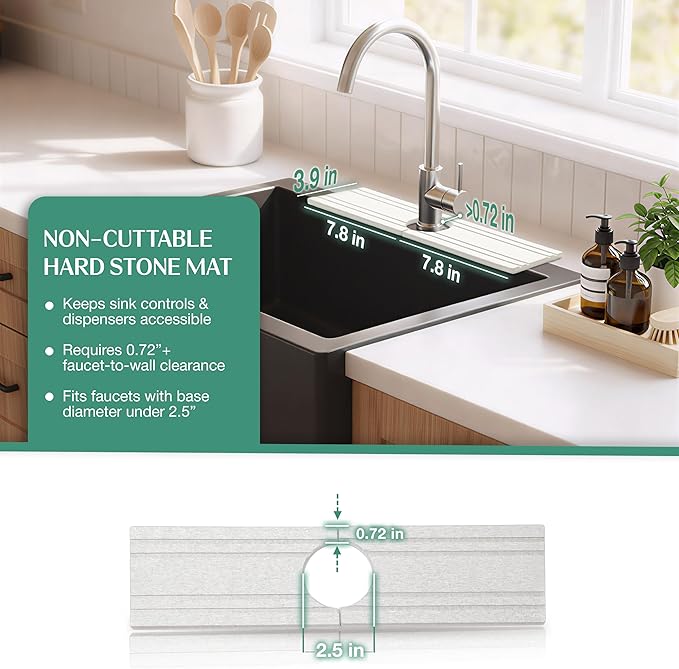 Stone Faucet Mat for Kitchen Sink Splash Guard 15.7" x 3.9" with 2.5" Center Hole | White Diatomite Drying Stone Mat | Non-Slip Stone Tray for Kitchen Counter with Premium Texture & Minimalist Style