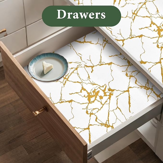 Drawer and Shelf Liner for Kitchen Cabinet Non Slip Waterproof Shelf Paper 23.6 in X 20 Ft Non Adhesive Refrigerator Liners Gold White Marble Easy Liners for Bathroom Cupboard