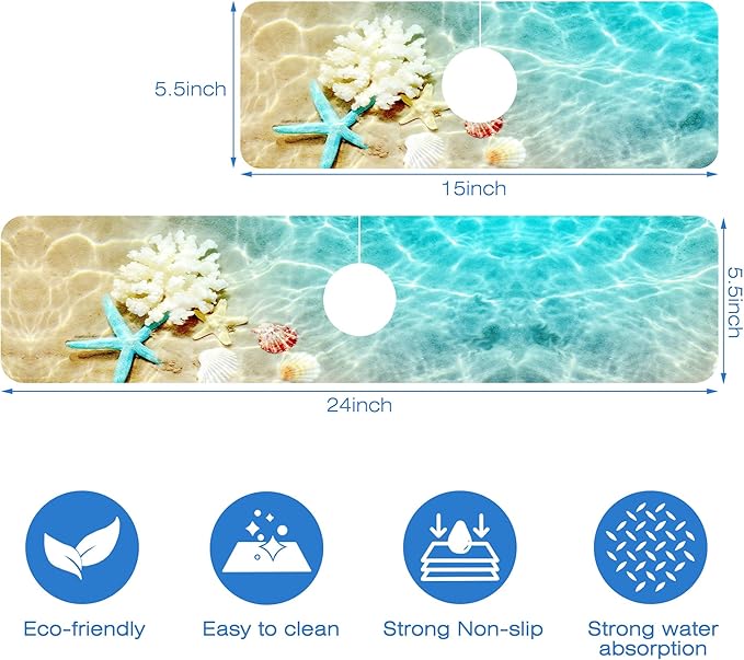 Beach Dish Drying Mat for Kitchen Sink Starfish Coral and Seashell Splash Guard Behind Faucet Sink Mat Absorbent Fast Drying Faucet Draining Mat for Bathroom Kitchen 5.5"×24"