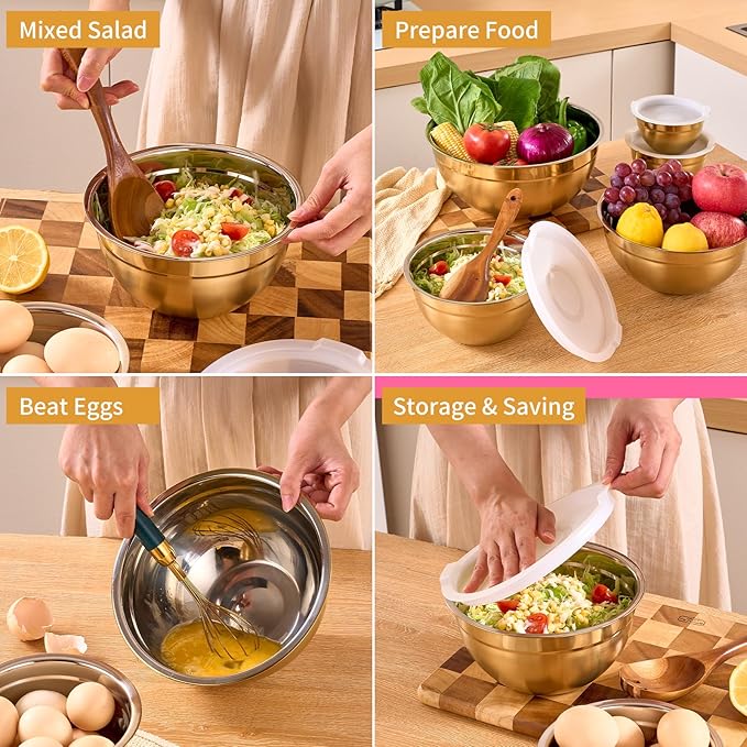 Onlycooker Gold Mixing Bowls With Airtight Lids,Stainless Steel Bowl,Salad Bowls 7 Piece Colorful Nesting Bowl Gold Kitchen Accessories,Size 7,3.6,2.7,2.1,1.5,1.1,0.8QT Stackable Design