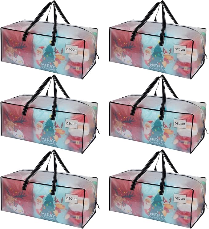 VENO 6 Pack Heavy Duty Moving Bags, Christmas Storage Bins with Lids, Clear Design, Alternative to Moving Boxes, Storage Bags for Clothes, Blankets, Comforters, Pillows, Camping (Clear, 6 Pack)