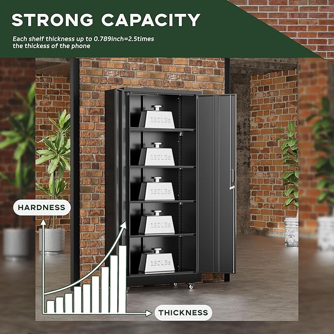 Greenvelly 73" Rolling Storage Cabinet,Black Metal Garage Cabinet with Locking Doors and 4 Adjustable Shelves for Home,Kitchen,Office,Warehouse(32" W x 16" D,Wheels)