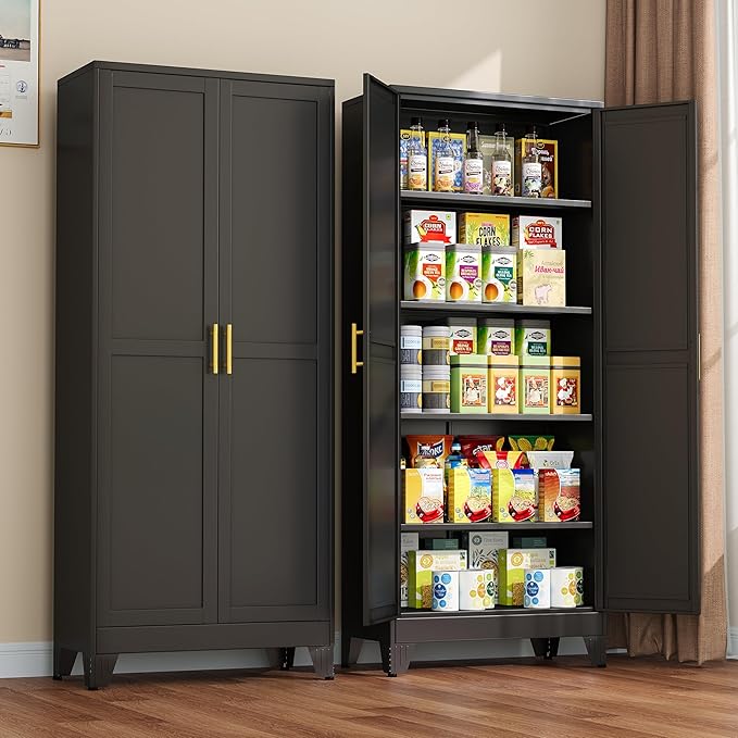 Metal Pantry Cabinet with 2 Doors and Adjustable Shelves - 71" Kitchen Storage Cabinet with Gold Handles - Versatile Storage for Kitchen, Bathroom, Dining Room, Utility Room - Black