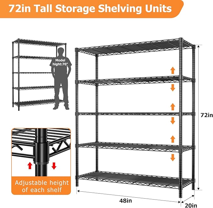 Storage Shelves Heavy Duty, 2 PCS 48" L x 20" W x 72" H Garage Wire Shelving Unit Loads 2000LBS, 5-Tier Adjustable Metal Industrial Utility Shelf Rack for Kitchen, Laundry Room, Warehouse, Basement