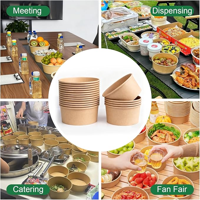 ganfaner 74 Pk Disposable Paper Round Bowls【No Lid】 34 oz, Microwave Deli Containers Leakproof, Salad Dressing Container for Lunch, Sturdy for Soup Toppings Snack Camping Family