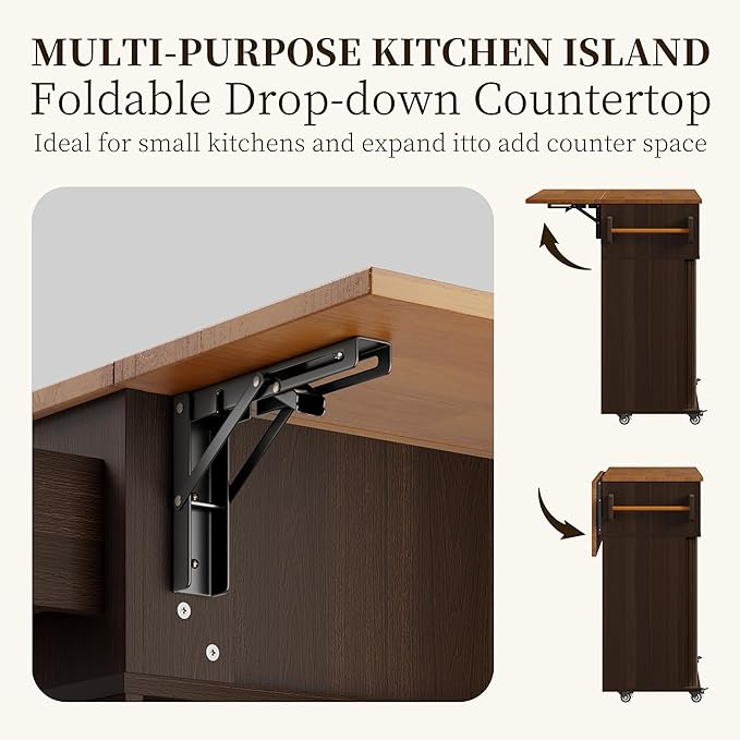 DHH Rolling Kitchen Island with Drop Leaf Countertop&Ample Storage - 39.4" Small Mobile Kitchen Cart On Wheels with Sliding Door,Drawers,Spice Rack & 2-Tier Storage (Walnut)