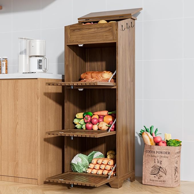 4 Tier Potato and Onion Storage Bins Box, Mid Century Modern Tall Large Fruit and Vegetable Basket Storage, Walnut Kitchen Pantry Cabinet for Snack, Wooden Bread Storage, Magnetic Flip-top
