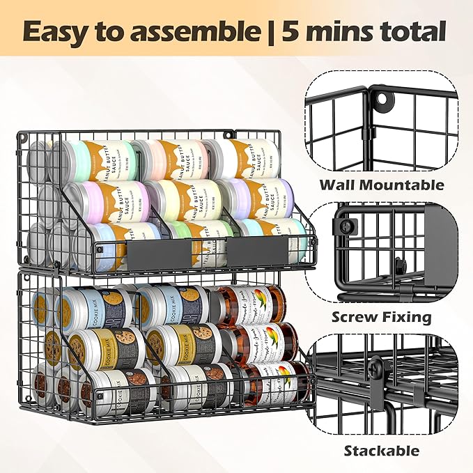 2 Tier Pantry Organizers and Storage Shelf, Stackable Can Organizer for Canned Food and Goods, Metal Wire Rack with 4 Adjustable Dividers Holds 60+ Cans for Under Cabinet Countertop