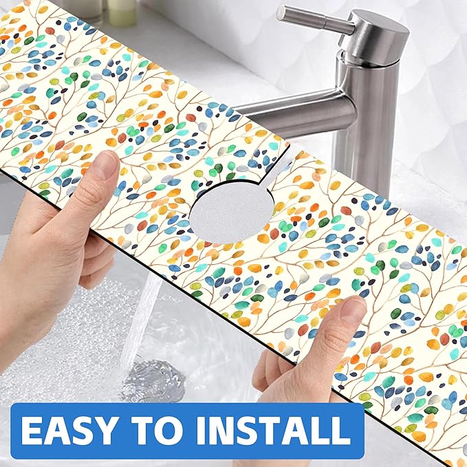 Abstract Watercolor Leaves Sink Faucet Absorbing Mat Sink Splash Guard Faucet Mat Draining Mat Fast Drying Sink Protectors for Kitchen and Bathroom 5.5"×24"