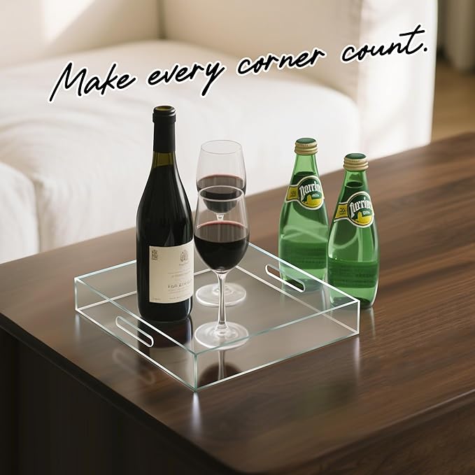 KEVJES Clear Acrylic Serving Tray with Handles-Butler Trays for Coffee Table, Snacks,Breakfast in Bed, Kitchen Countertop,Vanity,Makeup Organizer,Ottoman (Clear, 12x12 Inches)
