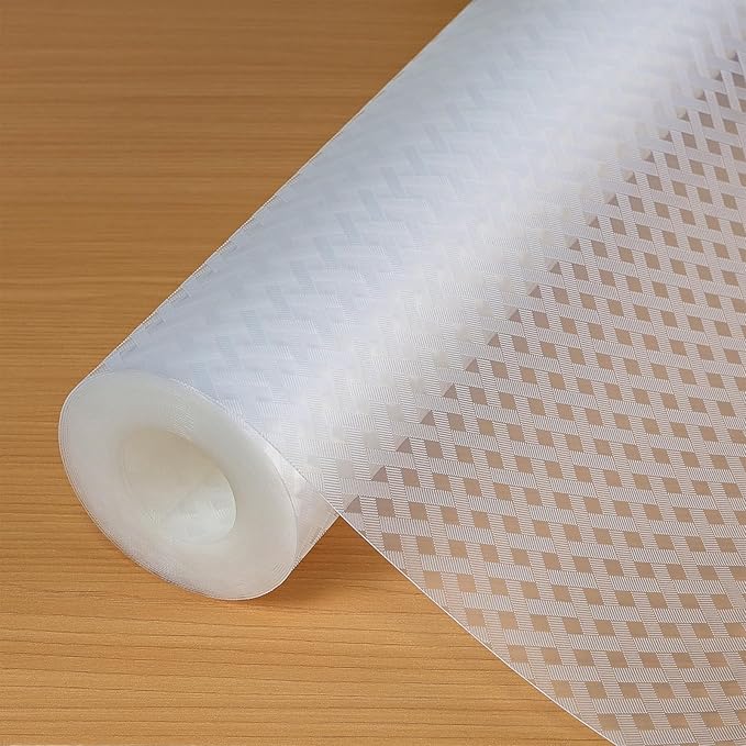 Hersvin Shelf Liners 22 in x 20 ft EVA Drawer Mats, Non-Adhesive Cupboard Protector, Kitchen Cabinet Lining Fridge Liner (Clear Crossed Stripe, 56x610cm)