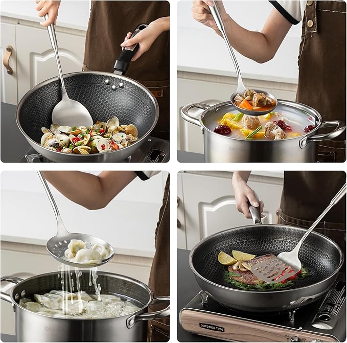 MAXCOOK 5 Pieces Cooking Utensils set, 18/8 Stainless Steel Kitchen Utensil Set with Rotating Holder (Dishwasher Safe)