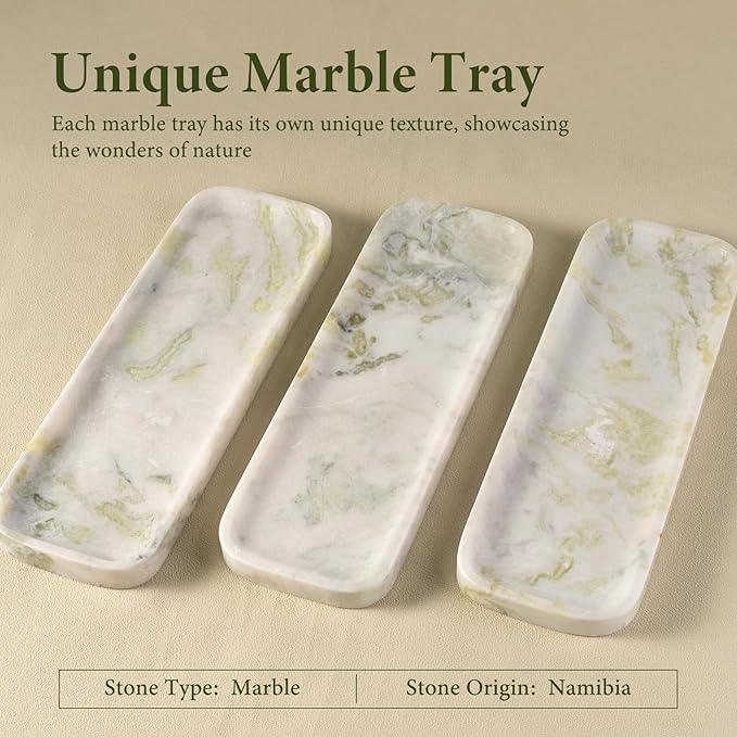 Koville Marble Tray, 12"x4" Marble Vanity Tray for Bathroom Kitchen Countertop Sink, Natural Stone Tray for Home Decor, Decorative Rectangular Narrow Catchall Tray for Jewelry Perfume