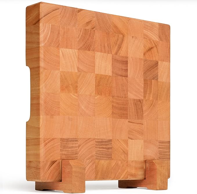 SHUMARU Mahogany End Grain Cutting Board 12.6×12.6×2 in with Holder – Handmade Checkered Butcher Block, Knife-Friendly, Non-Slip Feet, Ergonomic Handles