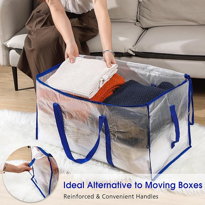 Aliceset 12-Pack Clear Moving Bags 90.84L Heavy Duty Extra Large Storage Totes with Reinforced Handles & Zippers, for Moving, College Dorm, Traveling(Royal Blue)