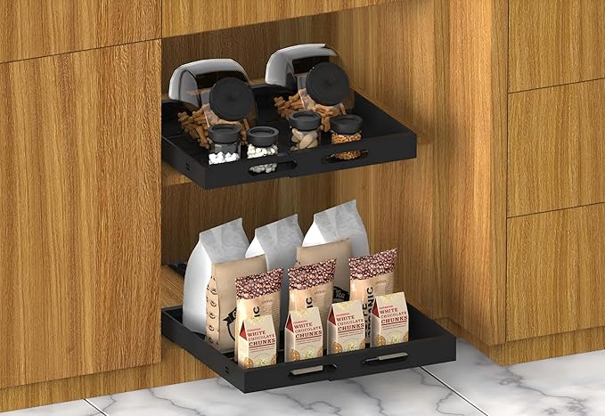 Expandable Pull Out Cabinet Organizer - 17" Deep, Adhesive No Drill, Expandable Drawer For Kitchen, Pantry, Bathroom