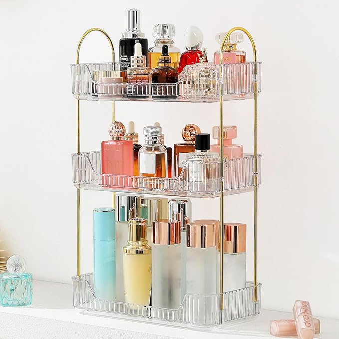 Aveniee Bathroom Counter Organizer, 3 Tier Perfume Skin Care Countertop Storage Shelf, Vanity Makeup Tray for Cosmetic Skincare Lotion,Clear