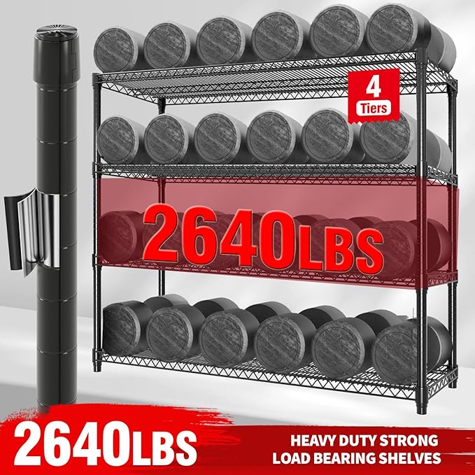 59" W Storage Shelves 2640LBS Heavy Duty Garage Shelving Units with Wheels and Adjustable Shelf, 4-Tiers Wire Shelving Rack for Garage Pantry Kitchen Warehouse Industrial