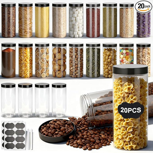Plastic Jars with Lids,OBKJJ 20 PCS 32 OZ Large Capacity Clear Storage Containers with Leakproof Lids Reusable Empty Storage Container for Dry Food Spice Candy Cookie Household and Kitchen Organizing