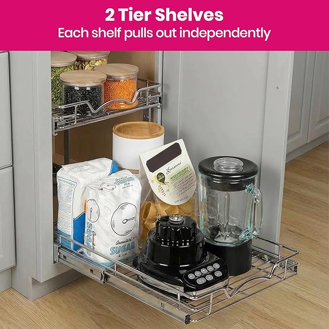 2-Tier Pull-Out Cabinet Organizer with Heavy-Duty Steel Frame, Full-Extension Sliding Shelves, Holds 100 lbs, Easy Install for Kitchen, Pantry & Under Sink Cabinets, 17" W x 21”D x 16.5" H