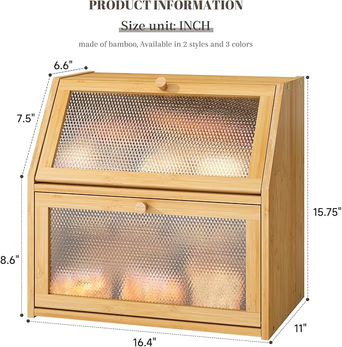 STDDRE Bread Box for Kitchen Countertop Bin Double Layer Bread Box Storage Container Extra Large Capacity with Diamond Pattern Windows (Natural, Extra Large)