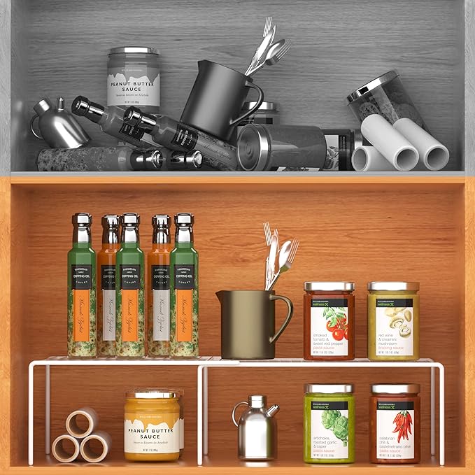 GEDLIRE Kitchen Cabinet Expandable Shelf Organizers Set of 4, Adjustable Metal Wire Pantry Storage Shelves, Plate Dish Organizer Rack for Cabinets, Cupboard, Counter, Freezer, Countertop, White
