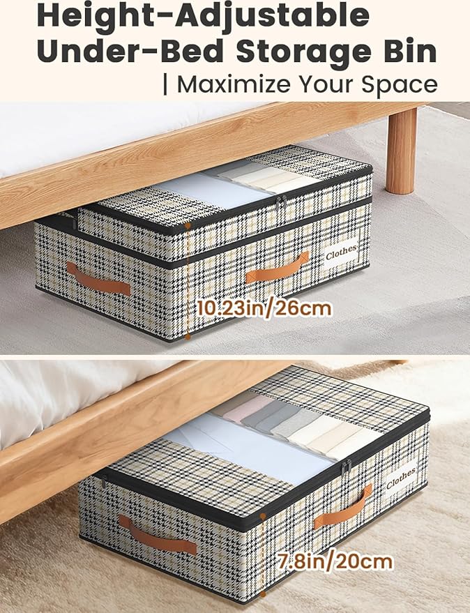 TOSKING Under Bed Storage with Wheels 2 Pack, Adjustable Height 7.9"-10.2", 6 Vacuum Bags, 900D Oxford Rolling Underbed Bins, Heavy Duty Drawer Organizer, Organizer for Clothes, Shoes, Houndstooth