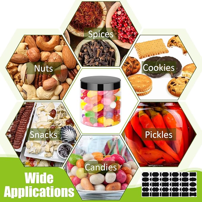 Zubebe 50 Pack 16 oz Plastic Jars with Lids Clear Plastic Mason Jars Airtight Containers Refillable Round Empty Container for Dry Food Storage, Cookie, Honey, Candy(Black)