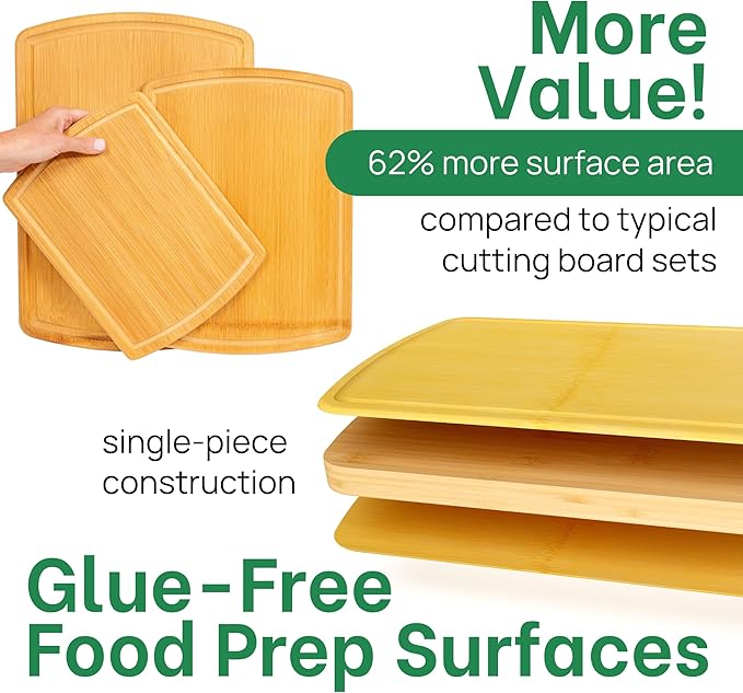 Organic Bamboo Cutting Board Set of 3 with Glue-Free Surface and Lifetime Replacements – Wooden Chopping Board for Kitchen with Juice Grooves for Carving & Serving, Non Toxic & Durable by Greener Chef