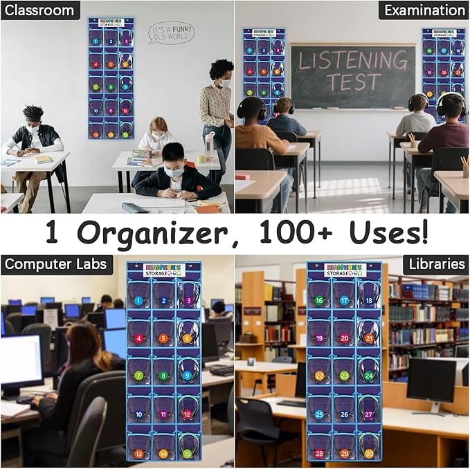 2 Pack Classroom Headphone Storage Organizer with 30 Pockets, PVC Clear Classroom Pocket Chart for Headphone Cell Phone Over-the-Door Hanging Headphone Holder Bag with 62 Labels(Blue)