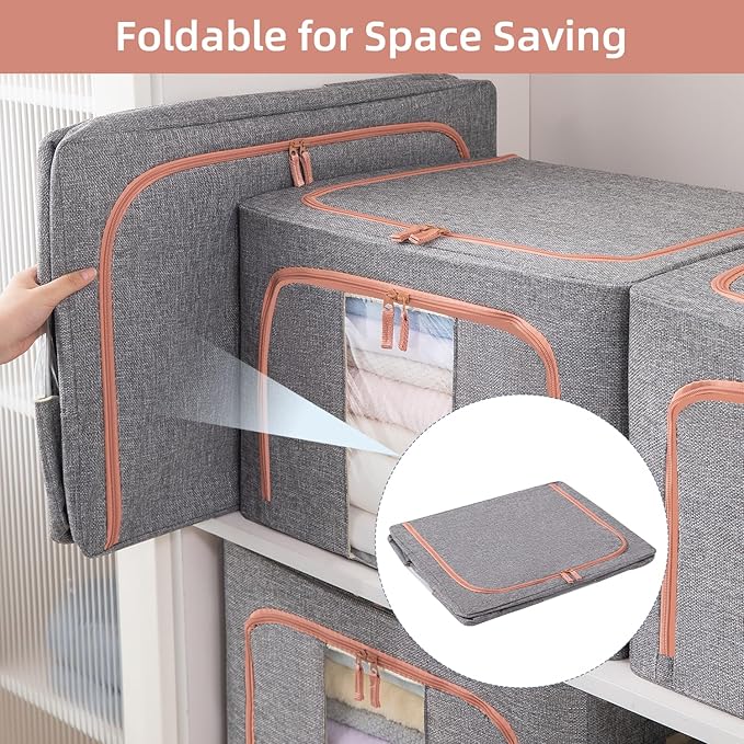 GuliPostan 3 Pack 100L Stackable Clothes Storage Bins with Metal Frame Handles & Zipper, Collapsible Closet Organizer Box with Lid for Bedding Blankets Towel (Grey)