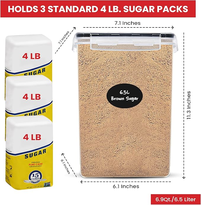 Extra Large Flour and Sugar Storage Containers 6.5L/220 Fl. oz; Set of 2 Plastic Bulk Airtight Food Storage Rice Containers With Lids - Kitchen Pantry Organizer and Storage Canisters, Marker & Labels