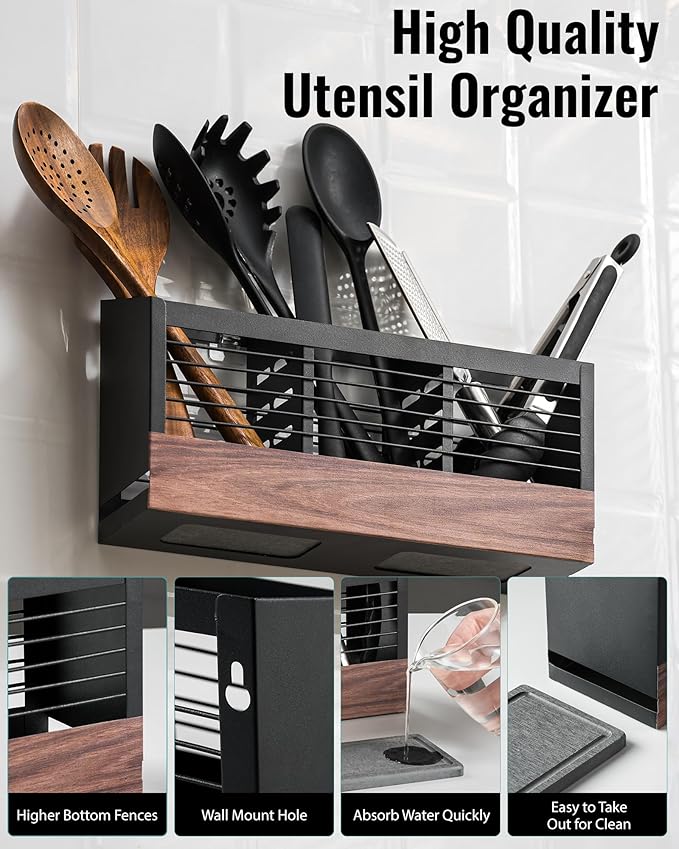 awesohome Utensil Holder for Kitchen Counter, Cooking Utensil Holder with Stone Drying Mat for Storage Spatula, Ladle, Scoop in Farmhouse Countertop with Wooden Pattern Printed, Matte Black