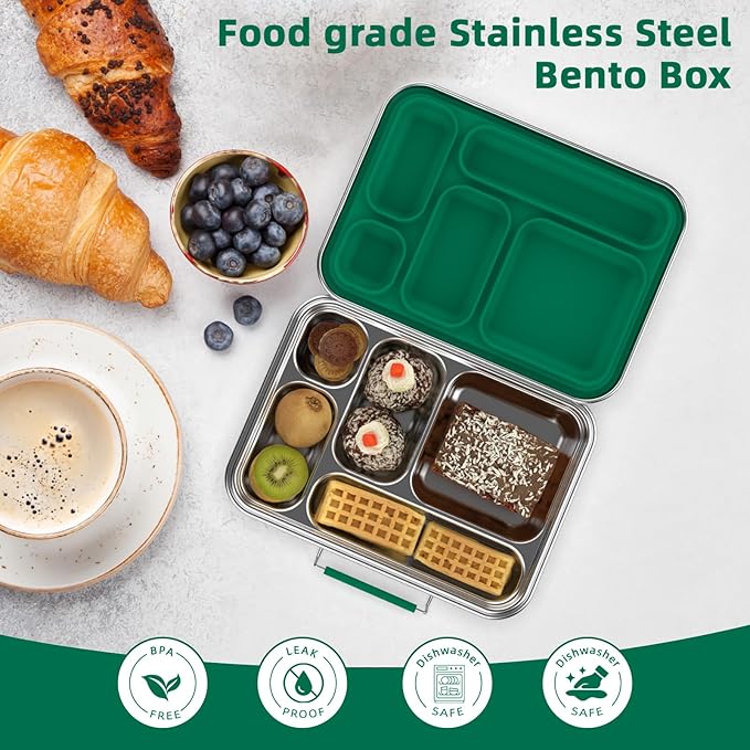 Stainless Steel Bento Box for Adults,31.6 oz Leakproof 5-Compartments Stainless Steel Bento Containers, Metal Lunch Box with 2 Container, Dishwasher Safe, Design for Office,Outdoor, BPA-Free Green