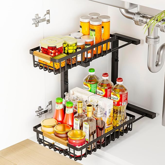 Under Sink Organizers, 2 Tier Pull Out Under Cabinet Organizer，Height Adjustable Pull Out Cabinet Drawers, Metal Sliding Drawer for Kitchen Bathroom Pantry Cabinet Closet Organization Rack，1 Pack