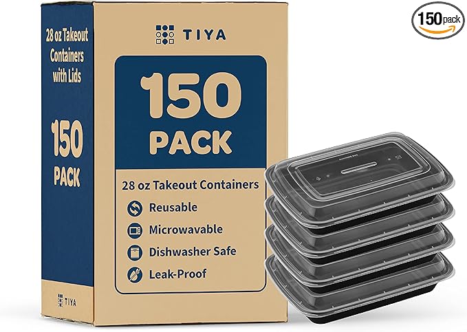 TIYA Food Containers - 28 oz Bulk 150 Pack with Lids - Rectangular Plastic To-Go Containers - Reusable, Microwavable, Dishwasher Safe - Leak-Proof for Meal Prep - BPA-Free