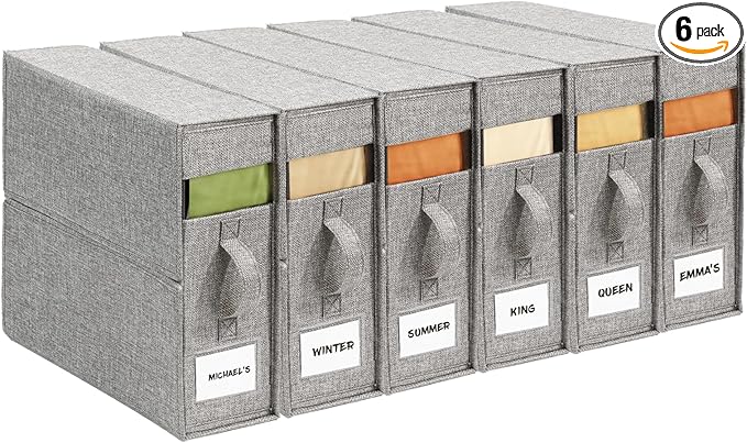 6Pack Sheet Organizers and Storage - King/Queen Size Sheet Storage Organizer with Window, Foldable & Dustproof Sheet Organizer for Linen Closet for Summer Blankets & Sheet Sets,Grey