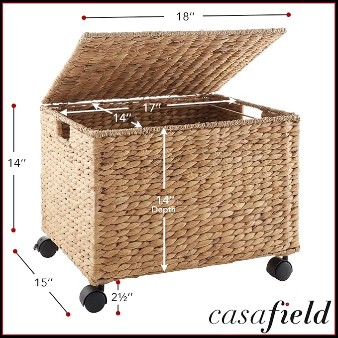 Casafield Rolling Filing Cabinet, Natural - Water Hyacinth File Organizer with Lid and Locking Wheels, Home Office Storage for Hanging Folders